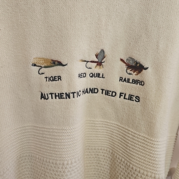 Fieldmaster Cream Embroidered Flies Sweater Large Tall USA Made Mens Vintage - Picture 2 of 9